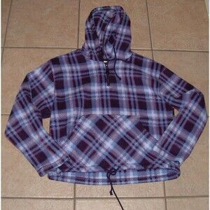 Purple Plaid Sz Medium Casual Wear Soft Fleece Hooded Shirt Front Pocket